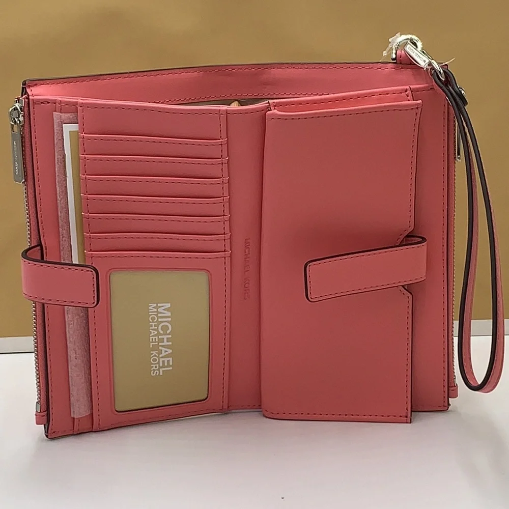 MICHAEL KORS JET SET TRAVEL LARGE DOUBLE ZIP WRISTLET WALLET TEA ROSE COLOR